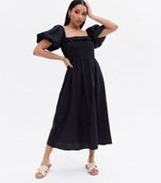New Look Petite Black Linen-Look Frill Shirred Midi Dress